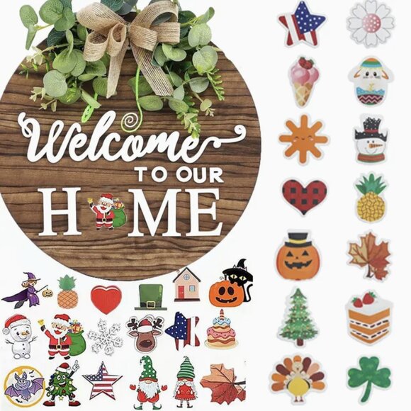 Interchangeable Seasonal Welcome Sign - Rustic Round Wood Wreaths Wall Hanging - Picture 1 of 10